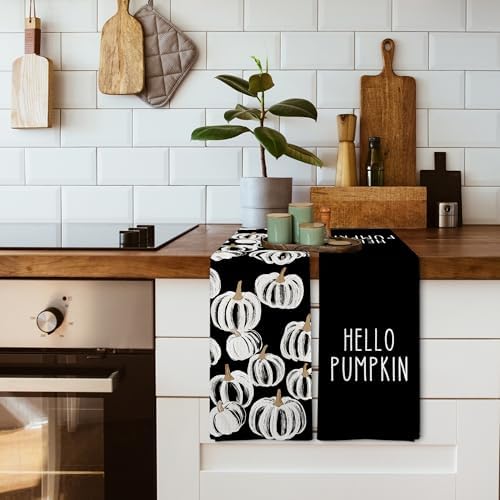 Fall Hello Pumpkin Black Halloween Kitchen Towels and Dishcloths Sets of 2, Black and White Fall Pumpkin Decor Dish Hand Tea Towels for Bathroom Kitchen, Autumn Aesthetic Fall Decor,16x24Inch