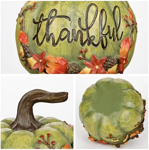Fall Pumpkin Decor 2Pcs Fake Pumpkins Green Resin Carved Pumpkin Small Decorative Faux Pumpkins Fall Artificial Pumpkins for Home Table Farmhouse Mantel Halloween Thanksgiving Harvest Centerpieces