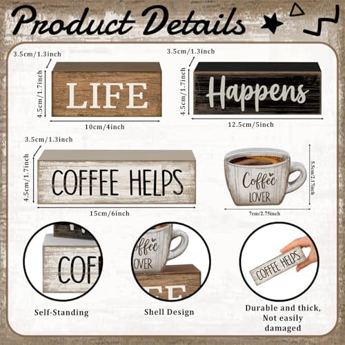 Moucuny 4 Pcs Wooden Coffee Bar Signs Farmhouse Table Decor Blocks