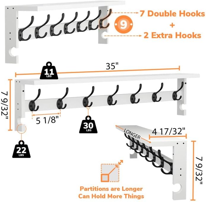 AMBIRD Coat Rack Wall Mount, 35 Inch Large Coat Hooks Wall Mounted with 7 Dual Metal Hooks and 2 Side Hooks, Wall Hooks