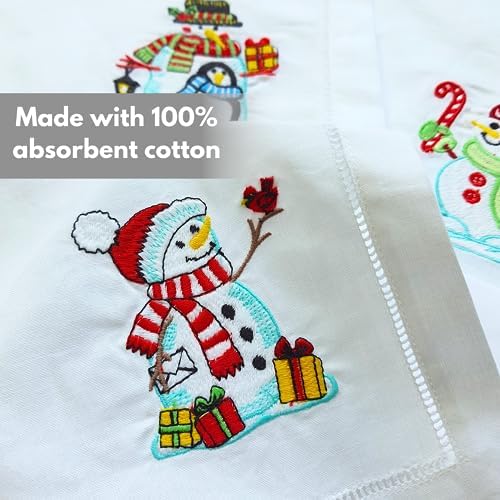 HCRAFT Embroidered Cotton Table Napkin, Cloth Napkins Set of 4 18"x18" Snowman Napkin Square Fabric, Dining Room, Napkins Cloth Machine Washable, Christmas Napkins, Great Present Ideas