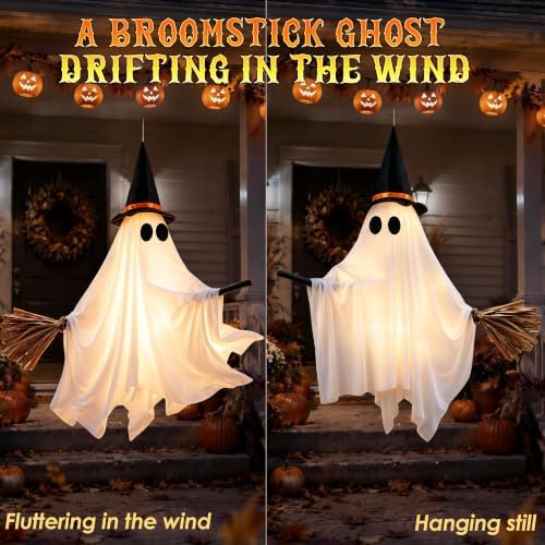 Witch Ghost with Broom Halloween Decorations Hanging LED Lights