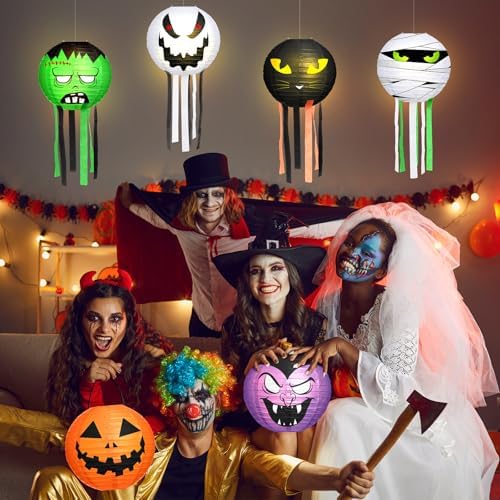 VIHOSE 12 Pcs Halloween Hanging Decorations Paper Lanterns, Jack-o-Bat Lanterns with Tassels Halloween Lantern Decorative for Indoor Outdoor Party Trick-or-Treat Event Supplies