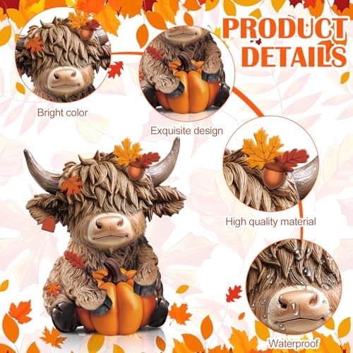 Karenhi 2 Pcs Fall Highland Cow Figurines Resin, Autumn Tabletop Decor