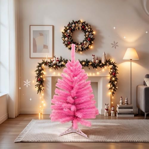 3FT Small Christmas Tree – Premium Pink Mini Xmas Artificial Trees for Home, Tabletop, Office, Apartment, Indoor Holiday Decorations, Easy-Assembly Metal Hinges & Foldable Base