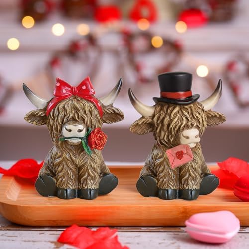 Simgoing 2 Pack Valentine's Day Highland Cow Figurines Resin Highland Cow with Love Letter and Rose Calf Lovers Gifts Valentines Tabletop Decorations for Home Centerpieces Exchange Gifts