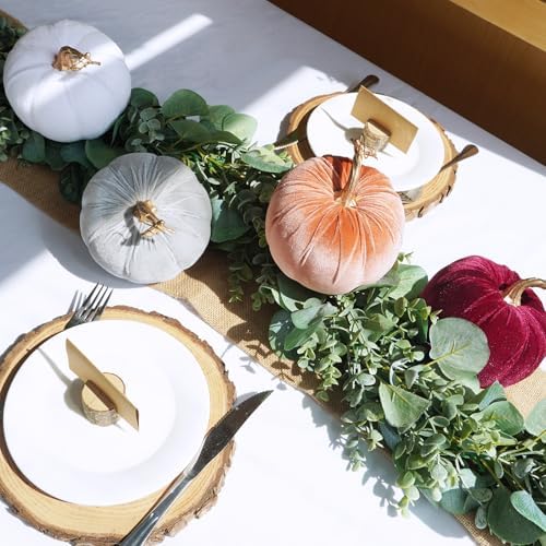 Winlyn Set of 4 Fall Velvet Artificial Pumpkins with Gold Stems Decorative Fabric Pumpkins in Burgundy Bronze Gray White Faux Foam Pumpkins 5" for Autumn Wedding Thanksgiving Halloween Mantel Décor