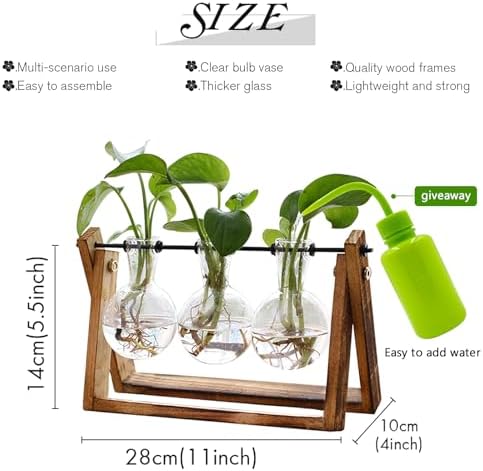 XXXFLOWER Plant Terrarium with Wooden Stand, Air Planter Bulb Glass Vase Metal Swivel Holder Retro Tabletop for