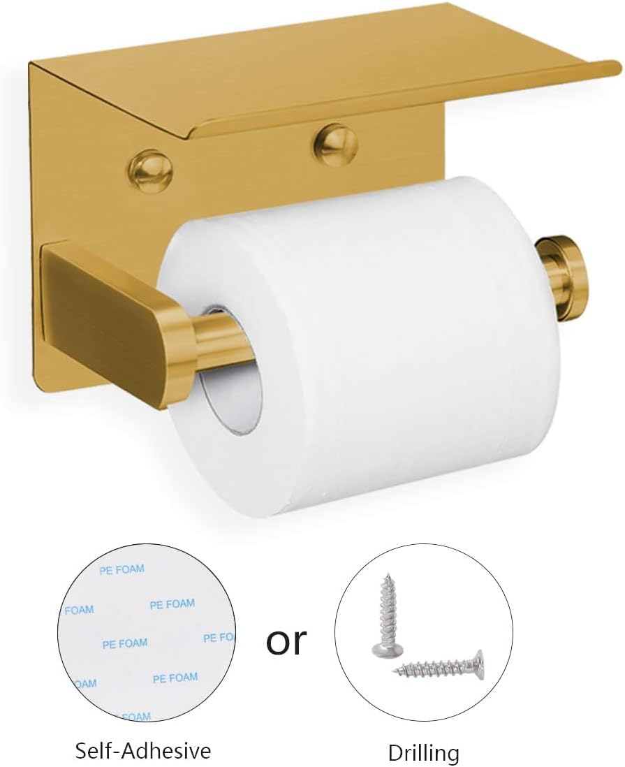 VAEHOLD Self Adhesive Toilet Paper Holder with Phone Shelf Stainless Steel Wall Mounted Toilet Paper Roll Holder