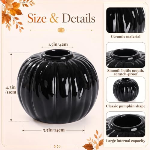 FoldTier Black Pumpkin Fall Flower Vase 5.5" Ceramic Pumpkin Flower Pot
