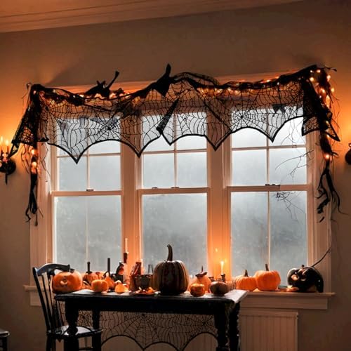 Halloween Mantle Scarf Fireplace Cover 18 x 96 inch Black Lace Cobweb Fireplace Mantle Scarf Cover for Halloween Decorations Festive Party Supplies Decor