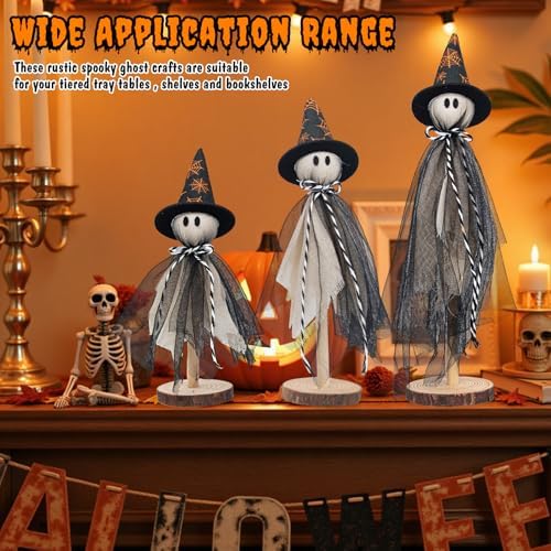 Halloween Decorations Ghost Shelf Sitters – Set of 3 Wooden Halloween decor with Witch Hats – Fabric Ghost Figures with Spiderweb Design – Table Decor for Tiered Tray, Mantel, Party Supplies(Black)