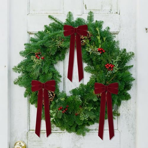 12Pcs Burgundy Velvet Ribbon Bows Christmas Tree Decorations,5in x 10in Xmas Ornaments for Tree Home Party Front Door Wreath Garland Holiday Decor