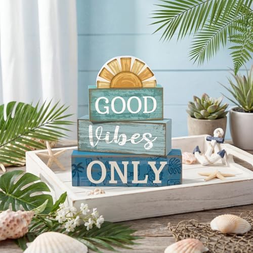 Lineshading 4 Pcs Summer Beach Table Decor Good Vibes Only Wooden Sunshine