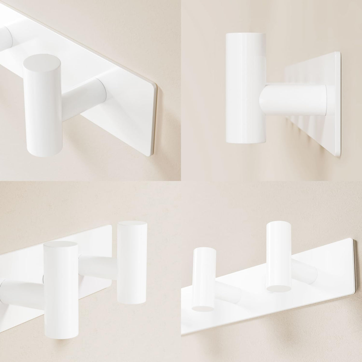 White Wall Mounted Coat Rack – 5 T-Shaped Hooks on 16.5" Rail, (2 Pack) | for Hanging Hats, Bags & Towels, Heavy-Duty