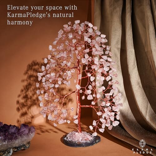 KARMAPLEDGE Rose Quartz Crystal Tree of Life Birthday Gifts for Women, Men, Frineds, Handmade Chakra Healing Tree for