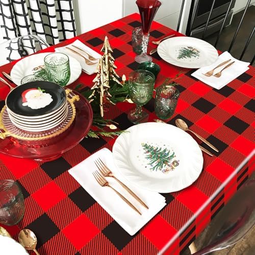 Gistome 3-Piece 54 x 108 Inch Buffalo Plaid Plastic Tablecloth - Red and Black Checkered Design, Disposable Rectangle Table Cover for Dining, Birthday, Christmas, Fall and Winter Themed Decorations