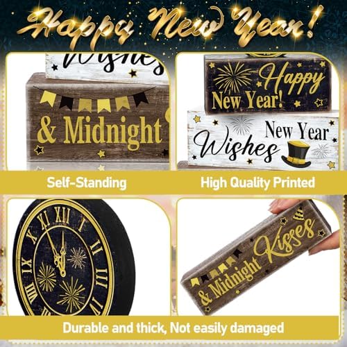 Moucuny 4 Pcs New Year Table Decorations, Happy New Year Wood Block Sign