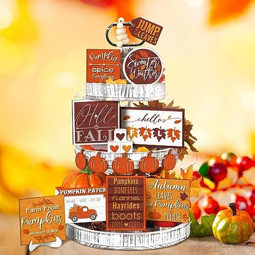 FairySandy 14 Pcs Fall Tiered Tray Decor Set Farmhouse Thanksgiving Pumpkin Hello Fall Decorations Rustic Truck Spice Blocks Autumn Wooden Sign for Home Shelf Festival Party Decor