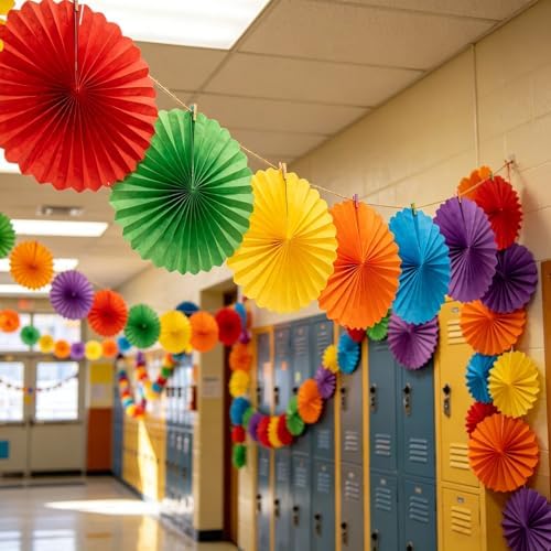 Rainbow Paper Round Fan Decorations,Vibrant Red Green Yellow Blue Orange Purple Hanging Fans, Fiesta Party Decor, Wedding Birthday Backdrop, Back to School Decor, Set of 12, 10", 12"