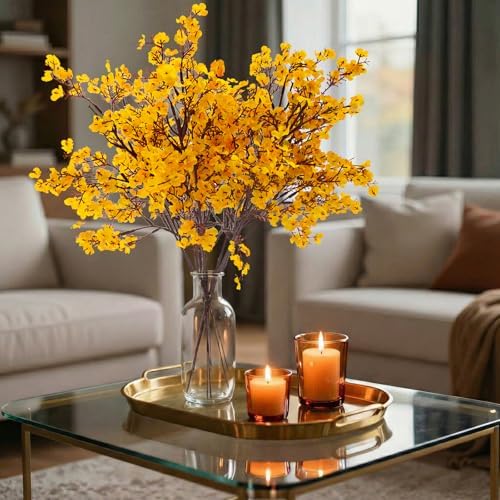Hananona 10 Pcs Artificial Babys Breath Flowers Orange Fake Silk Gypsophila Flowers for Fall Floral Arrangement Autumn Table Centerpieces Home Decor (10, Orange)