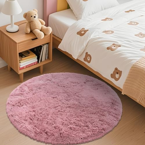 OLANLY Pale Pink Round Rugs for Bedroom - Machine Washable, 3 ft Circle Area Rugs for Living Room, Soft and Fluffy