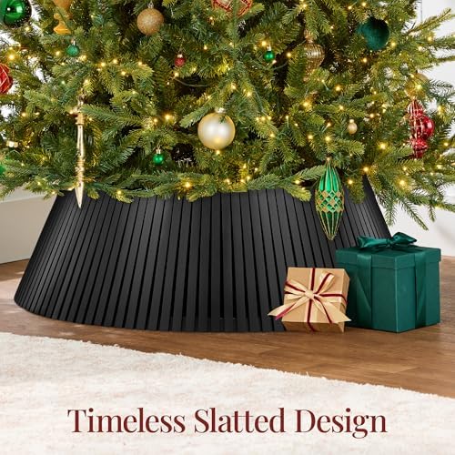 Best Choice Products Christmas Tree Collar, Solid Wood Slatted Tree Skirt Holiday Accessory for Home - Black