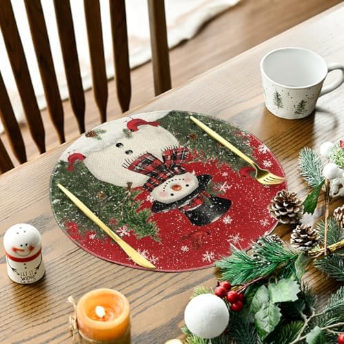 Artoid Mode Snowman Trees Snowflakes Christmas Round Placemats Set of 8, 14 Inch Winter Round Table Mats for Dining Decoration