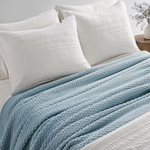 EVERGRACEHOME Chunky Chenille Knit Throw Blanket, 90 x 90, Chambray Blue