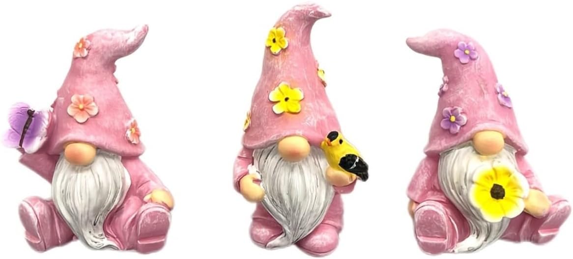 Flowers / Gnome Statues / Pink / Set of 3
