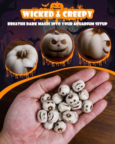 Uniclife 20 Pcs Halloween Mini Pumpkin Decorations, Halloween Fish Tank Decor, Spooky Smiling Face Mini Pumpkins, Jack-O'-Lantern Miniature Vase Fillers, White Resin Artificial Figurines