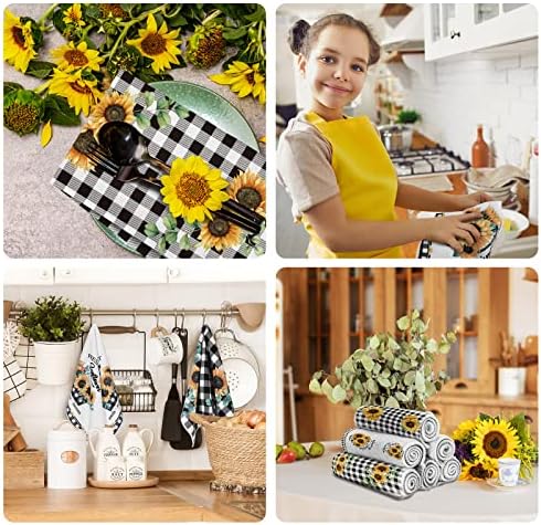 Redbaker 6 Pcs Sunflower Kitchen Towels Buffalo Plaid Dish Towels