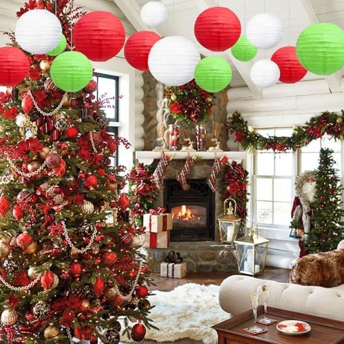 18Pcs Green Red White Paper Lanterns for Parties, 6” 8” 10” 12” Chinese Asian Hanging Round Paper Lanterns for Birthday Wedding Halloween Christmas Home Decor Party Decor