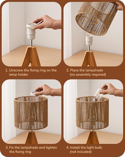 EDISHINE Small Rattan Table Lamp, Wood Tripod Bedside Lamp, 14.2", E26 Base
