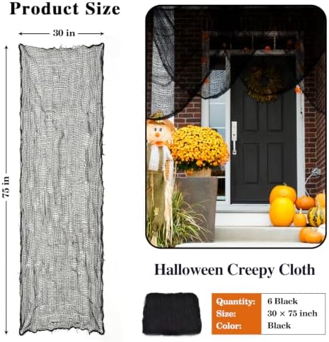 ZeeDix 6 Pack Black Halloween Creepy Cloth 30 × 75 Inch - Halloween Cheesecloth Decoration Spooky Scary Gauze Black Cheese Cloth for Party Supplies Outdoor Yard Home Wall Doorway