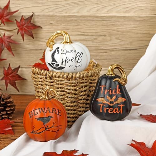 DILATATA Fall Pumpkins Decoration 3Pcs Resin Pumpkins Thanksgiving Fake Pumpkin Figurines Small Carved Pumpkin for Home Harvest Halloween Thanksgiving Rustic Farmhouse Table Centerpiece Shelf Mantel