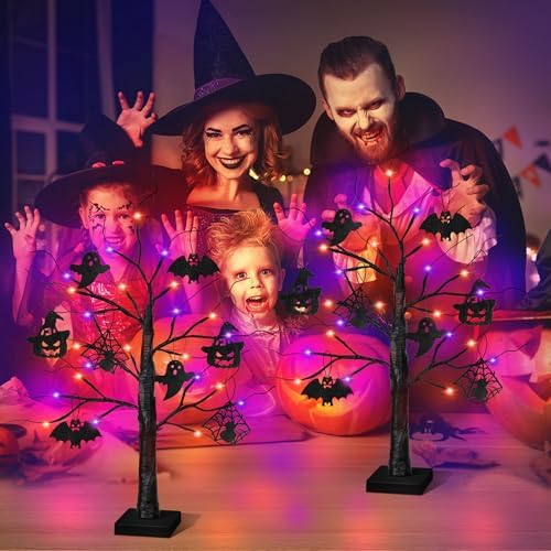 Halloween Decorations Indoor 2 Pack 24 Inch Black Halloween Tree with 24 LED Orange Purple Lights, USB/Battery Operated Halloween Table Decorations Tree Light with Timer, Scary Spooky Home Decor