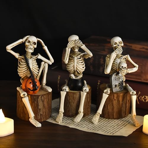 Set of 3 Skeleton Statues, Horror Skull Halloween Resin Decor, See/Hear/Speak no Evil Collectible Figures Home Decoration