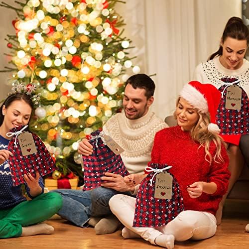 Shappy 24 Pcs Christmas Drawstring Gift Bags Xmas Buffalo Plaid Burlap Advent Bags 10 x 8 Inches Linen Treat Candy Bag with 32.8 ft Rope 24 Card(Black Red Snowflake)