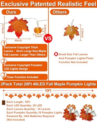Timer - 2 Pack Fall Decor Fall Garland with Pumpkin Lights Battery Operated
