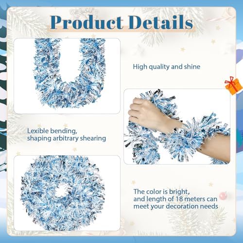 295 Feet Christmas Tinsel Garland Metallic Shiny Hanging Christmas Tree Tinsel Garland Ornaments for Indoor Outdoor Party Wedding Holiday(Blue, White, Silver)