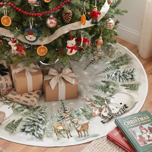 AVOIN colorlife Snowman Reindeer Snowflake Christmas Tree Skirt 48 Inch, Winter Holiday Tree Mat Decoration