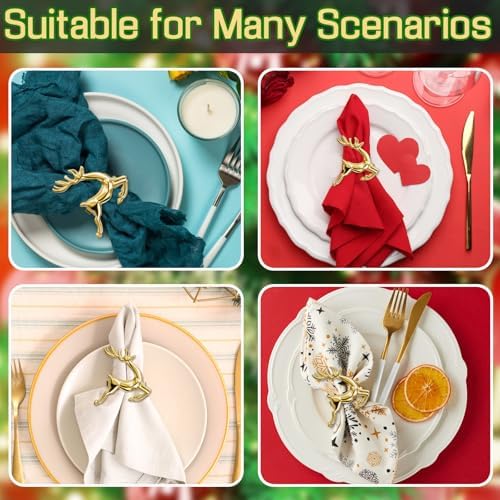 ZeeDix Christmas Gold Reindeer Napkin Rings Set of 24 for Table Decoration