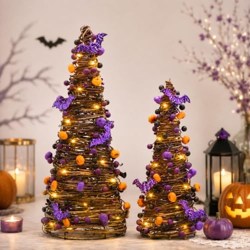 2Pa Lighted Halloween Tabletop Tree,Purple Pumpkin Halloween Decor【Timer】