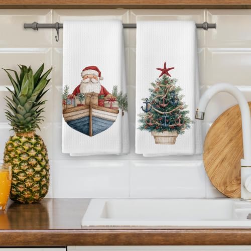 Nautical Christmas Tree Santa Kitchen Dish Towels 16x24, Set of 2