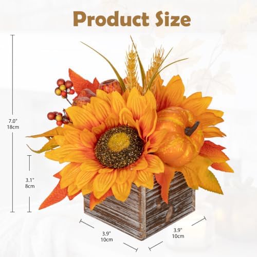 DILATATA Fall Decor Autumn Harvest Pumpkins Centerpiece - Artificial Sunflowers and Maple Leaves Arrangement in Wooden Box for Thanksgiving Party Mantel Fall Decor