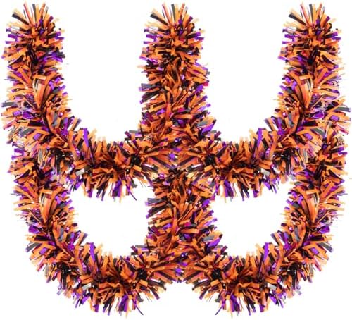 33FT Halloween Tinsel Garland, Black Purple Orange Metallic Twist Foil Tinsel Garland Shiny Hanging Decorations for Halloween Party Decoration Supply