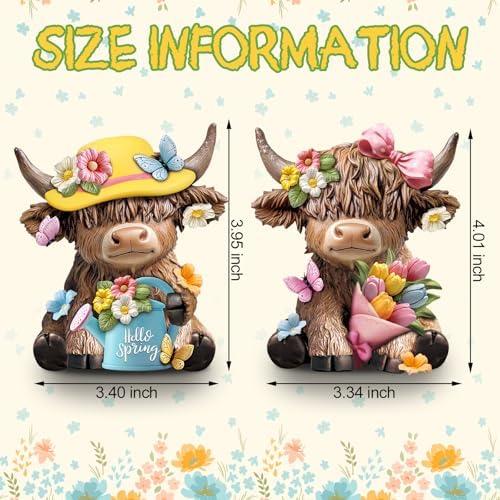 Karenhi 2 Pcs Highland Cow Figurines, Spring Floral Table Decor