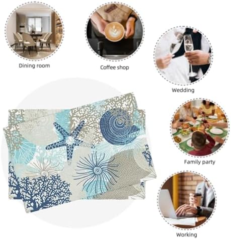 Nautical Coastal Placemats Set of 6 18x12 Inch Summer Beach Themed Linen Place Mats Heat-Resistant Washable Wipeable Beachy Seashell Table Mat for Party Kitchen Dining Room Dinner Table Decor