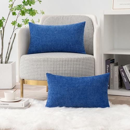 MIULEE Soft Chenille Lumbar Throw Pillow Covers Royal Blue 12x20 Pack of 2